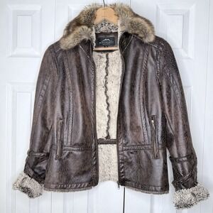 Montanaco Women's Medium Brown Faux Leather Fur Collar Jacket Boho Western Rodeo